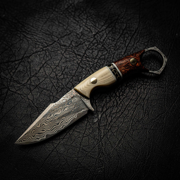 Damascus Mini Hunter – Ivory Micarta, Black TruStone and Honduran Rosewood