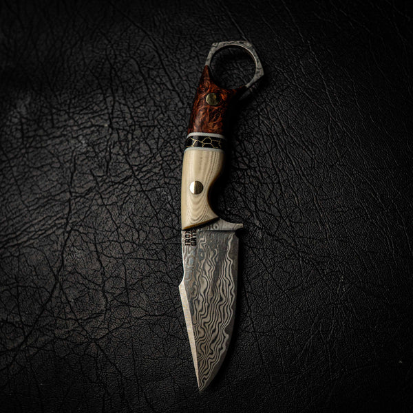 Damascus Mini Hunter – Ivory Micarta, Black TruStone and Honduran Rosewood