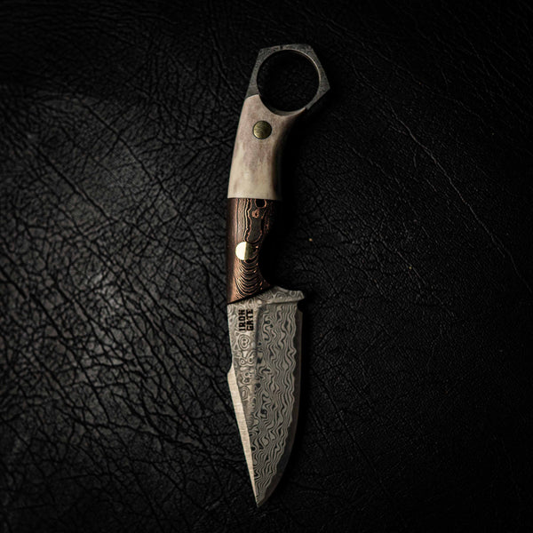 Damascus Mini Hunter – Half Fallow Deer Antler and Carbon with Copper Layers