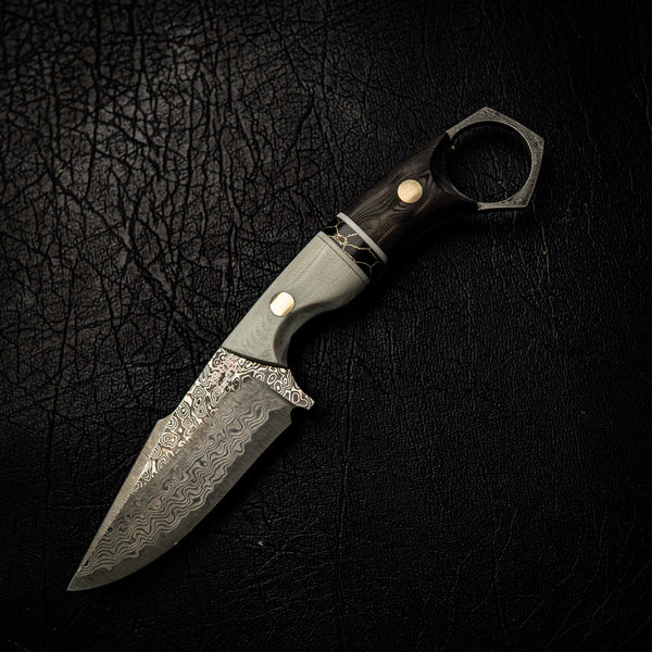 Damascus Mini Hunter – Ivory Micarta and Black Marbled Carbon Fiber