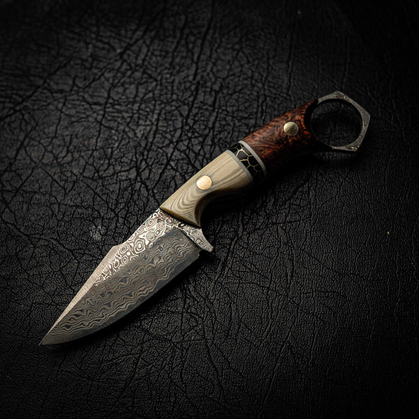 Damascus Mini Hunter – Ivory Micarta, Black TruStone and Honduran Rosewood
