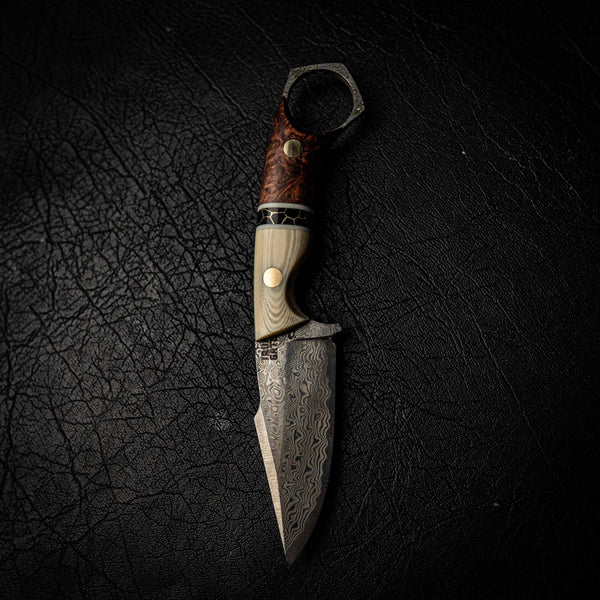 Damascus Mini Hunter – Ivory Micarta, Black TruStone and Honduran Rosewood