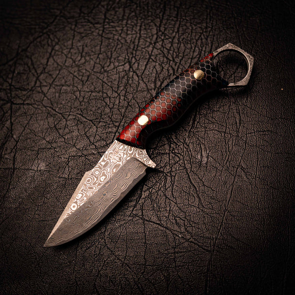 Damascus Mini Hunter – Red and Dark Blue C-Tek Handle