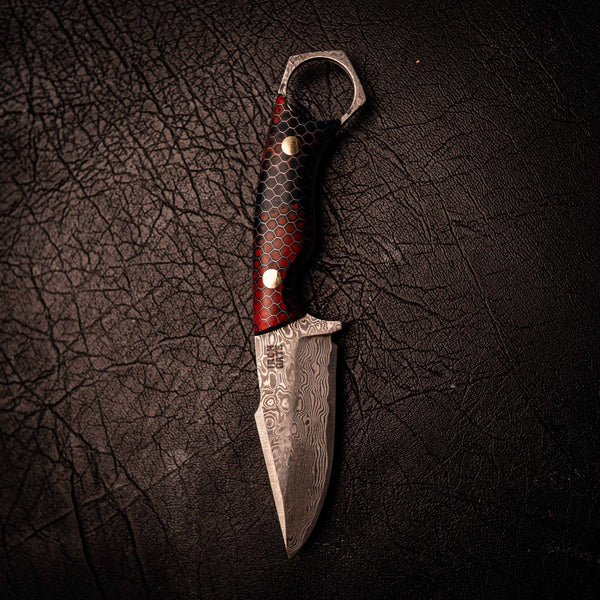 Damascus Mini Hunter – Red and Dark Blue C-Tek Handle