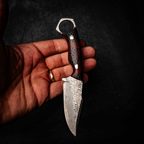Damascus Mini Hunter – Red and Dark Blue C-Tek Handle