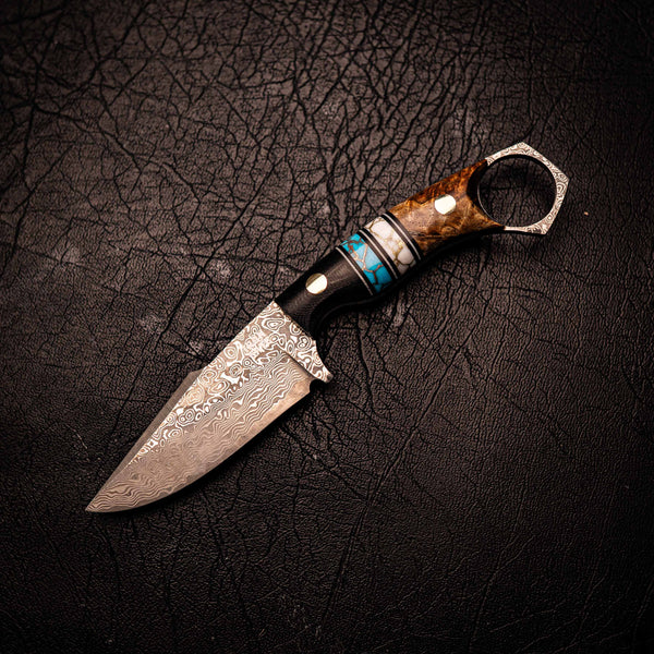 Damascus Mini Hunter – Black G10, Double TruStone and Amboyna Burl