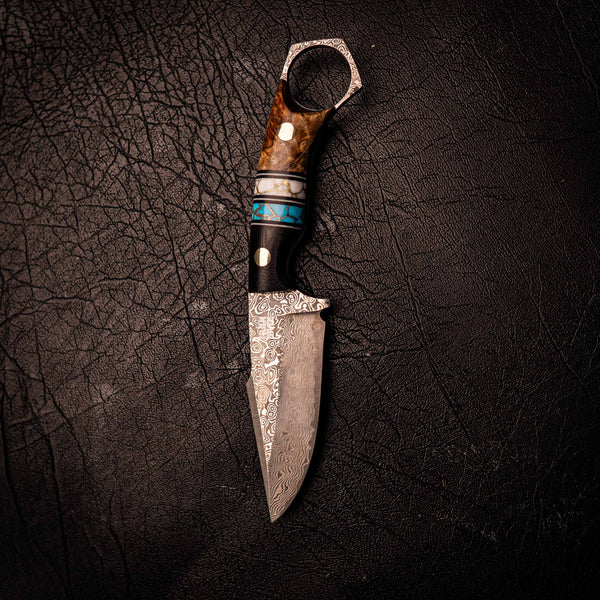 Damascus Mini Hunter – Black G10, Double TruStone and Amboyna Burl