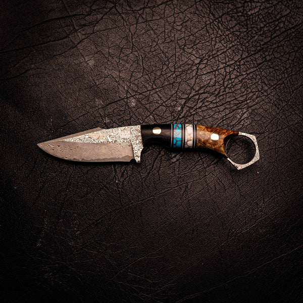 Damascus Mini Hunter – Black G10, Double TruStone and Amboyna Burl