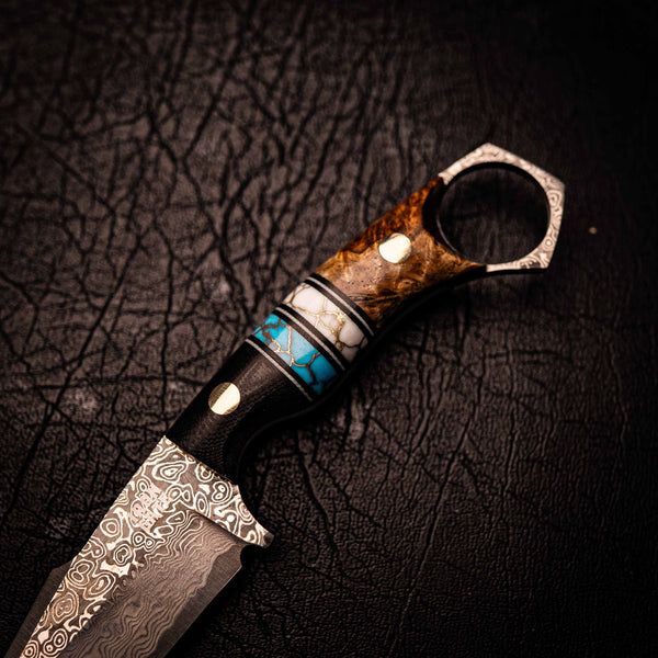 Damascus Mini Hunter – Black G10, Double TruStone and Amboyna Burl