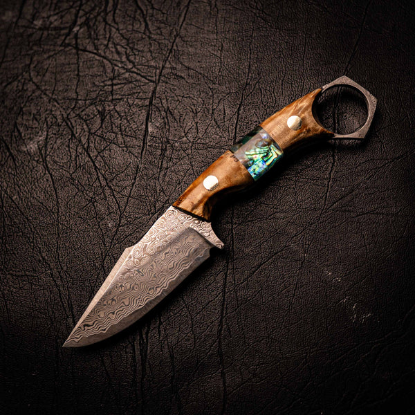 Damascus Mini Hunter – Stabilised Curly Birch with Abalone Inlay