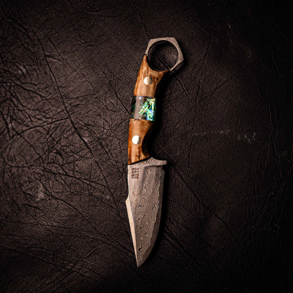 Damascus Mini Hunter – Stabilised Curly Birch with Abalone Inlay
