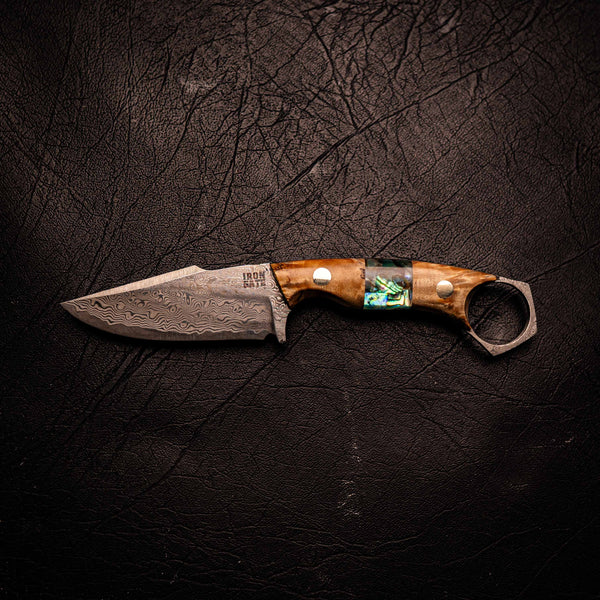 Damascus Mini Hunter – Stabilised Curly Birch with Abalone Inlay