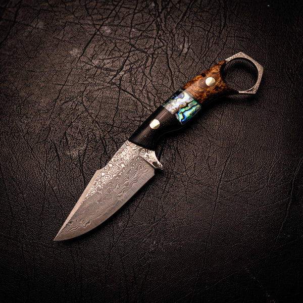 Damascus Mini Hunter – Black G10, Abalone Inlay and Amboyna Burl