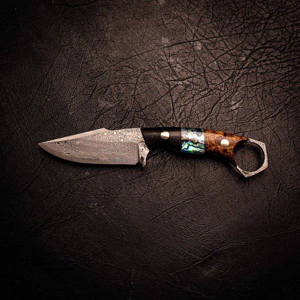 Damascus Mini Hunter – Black G10, Abalone Inlay and Amboyna Burl