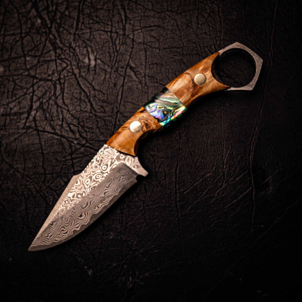 Damascus Mini Hunter – Stabilised Birch with Abalone Inlay