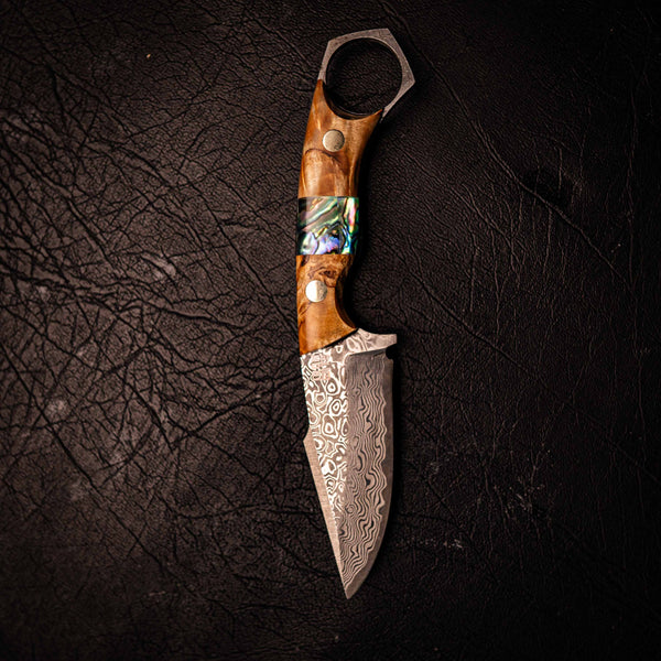 Damascus Mini Hunter – Stabilised Birch with Abalone Inlay