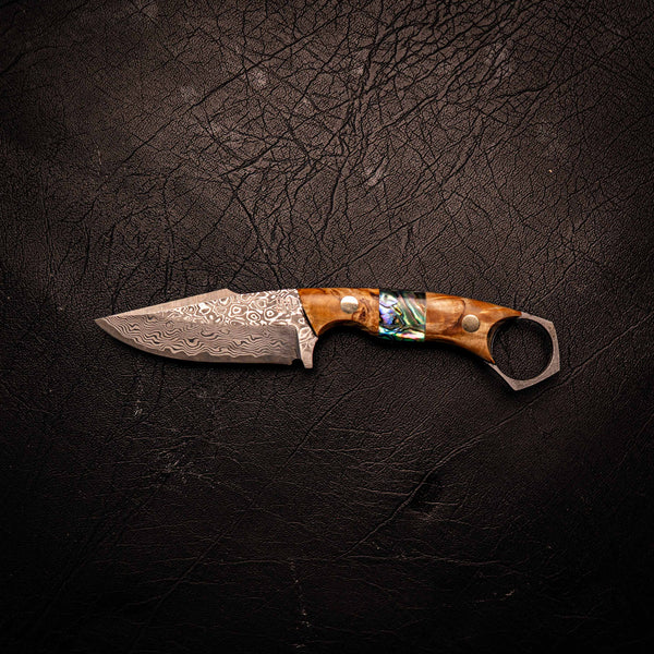 Damascus Mini Hunter – Stabilised Birch with Abalone Inlay