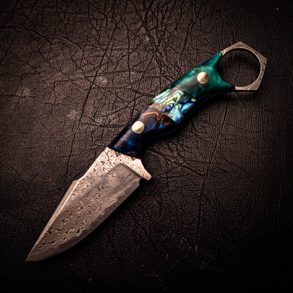 Damascus Mini Hunter – Epoxy Hybrid with Abalone Shell Inlay