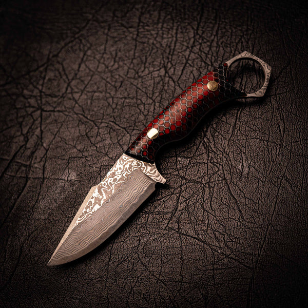 Damascus Mini Hunter – Red and Dark Blue C-Tek Handle