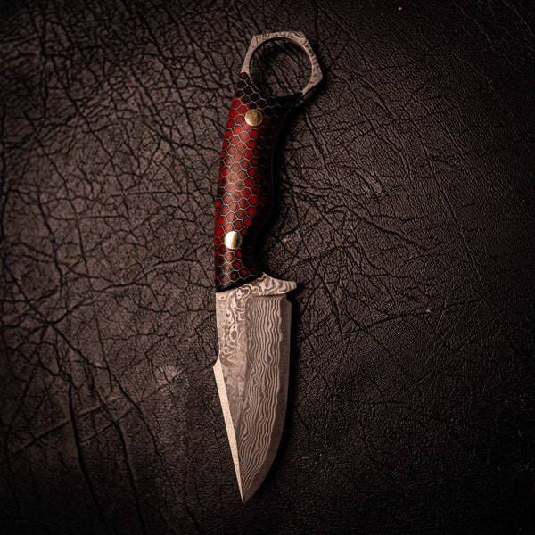 Damascus Mini Hunter – Red and Dark Blue C-Tek Handle