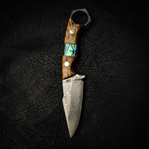 Damascus Mini Hunter – Stabilised Curly Birch with Abalone Inlay