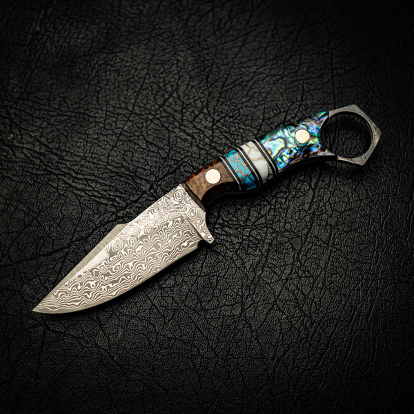 Damascus Mini Hunter – Amboyna Burl, Double TruStone and Abalone Shell