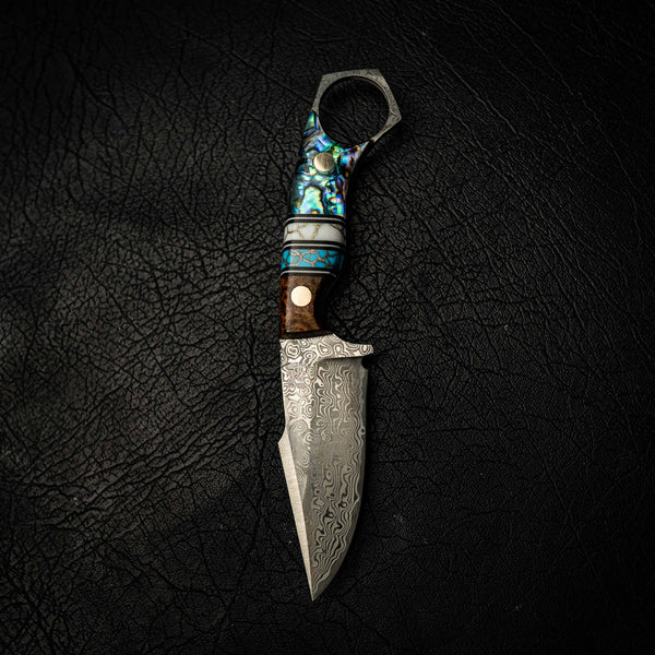Damascus Mini Hunter – Amboyna Burl, Double TruStone and Abalone Shell