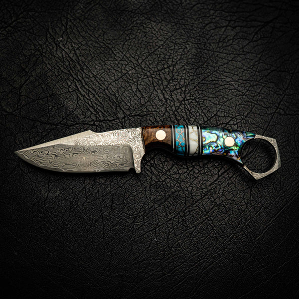 Damascus Mini Hunter – Amboyna Burl, Double TruStone and Abalone Shell