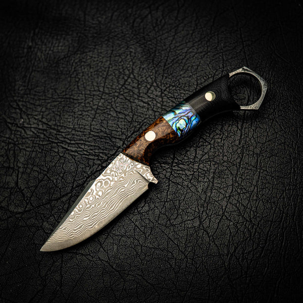 Damascus Mini Hunter – Amboyna Burl, Abalone Inlay and G10