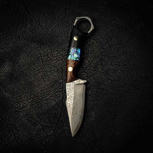 Damascus Mini Hunter – Amboyna Burl, Abalone Inlay and G10