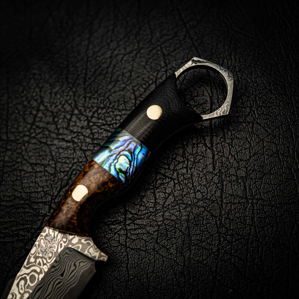 Damascus Mini Hunter – Amboyna Burl, Abalone Inlay and G10