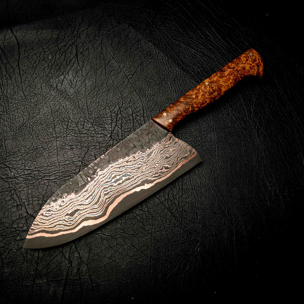 Coppermascus Santoku - Golden Amboyna Burl Handle
