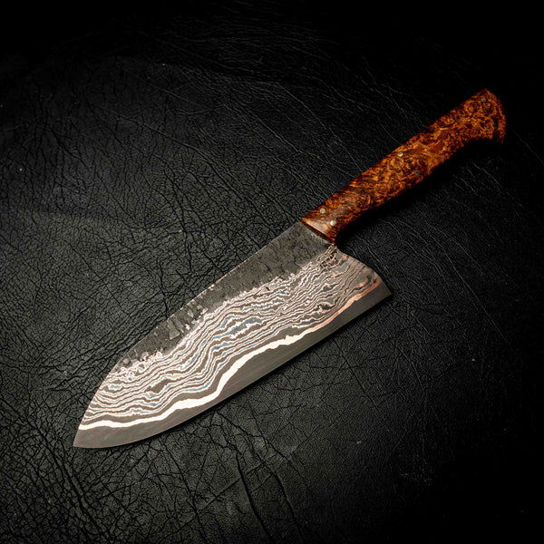 Coppermascus Santoku - Golden Amboyna Burl Handle