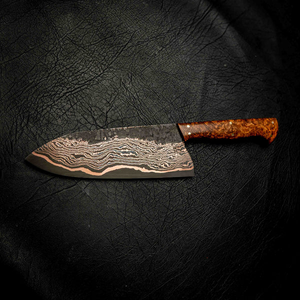 Coppermascus Santoku - Golden Amboyna Burl Handle