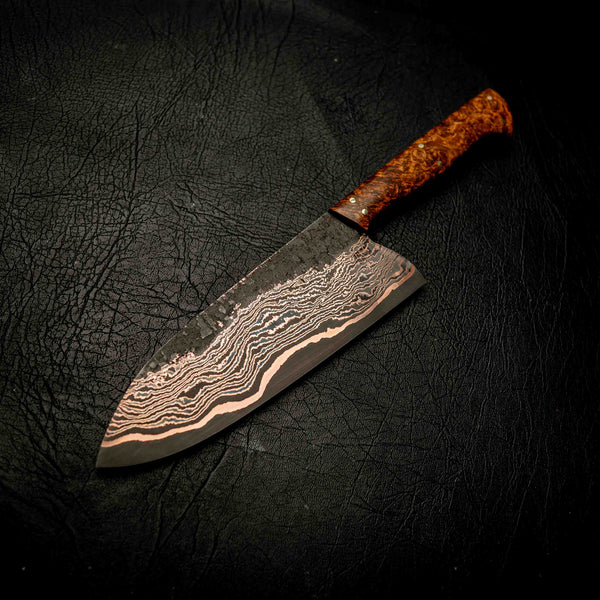 Coppermascus Santoku - Golden Amboyna Burl Handle