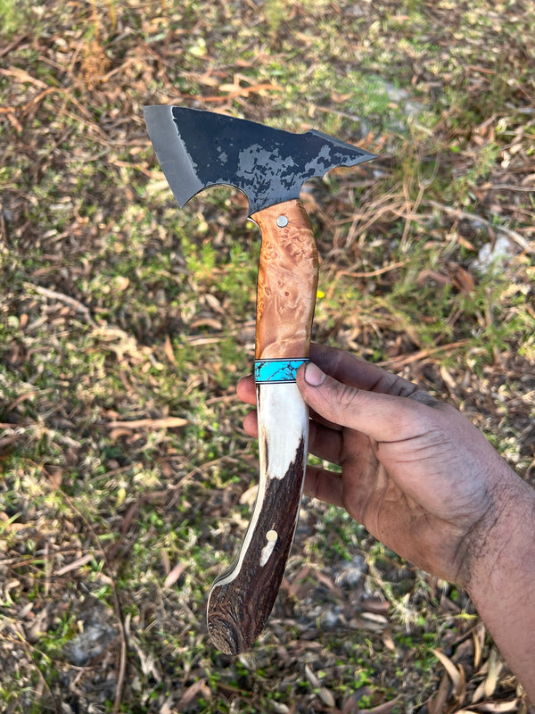 Carbon Steel Tomahawk - Antler & Burl Handle