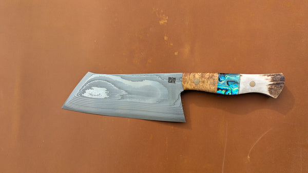 Camp Cleaver – San Mai Damascus with Abalone, Antler & Amboyna