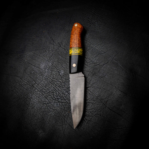 Bushcraft Knife — Black G10, Yellow TruStone & Afzelia Xylay
