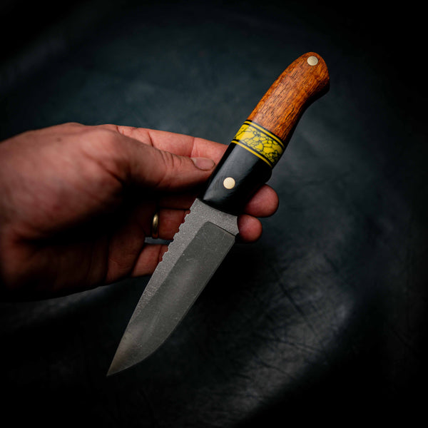 Bushcraft Knife — Black G10, Yellow TruStone & Afzelia Xylay
