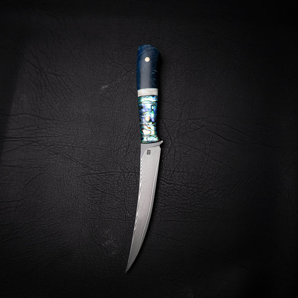 Stainless Damascus Fillet Knife – Abalone, Brass Resin & Blue Maple Burl
