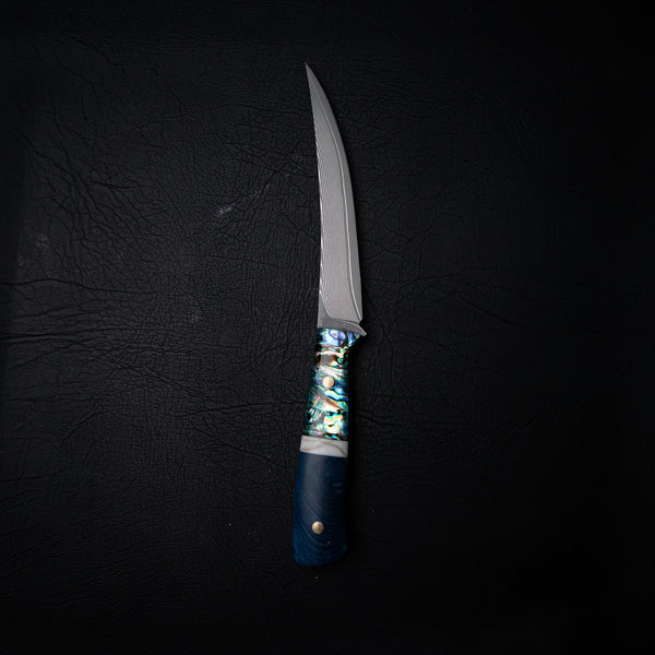 Stainless Damascus Fillet Knife – Abalone, Brass Resin & Blue Maple Burl