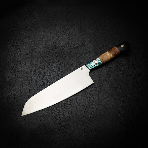 N690 Santoku – Abalone Shell, Golden Amboyna Burl & G10 Handle