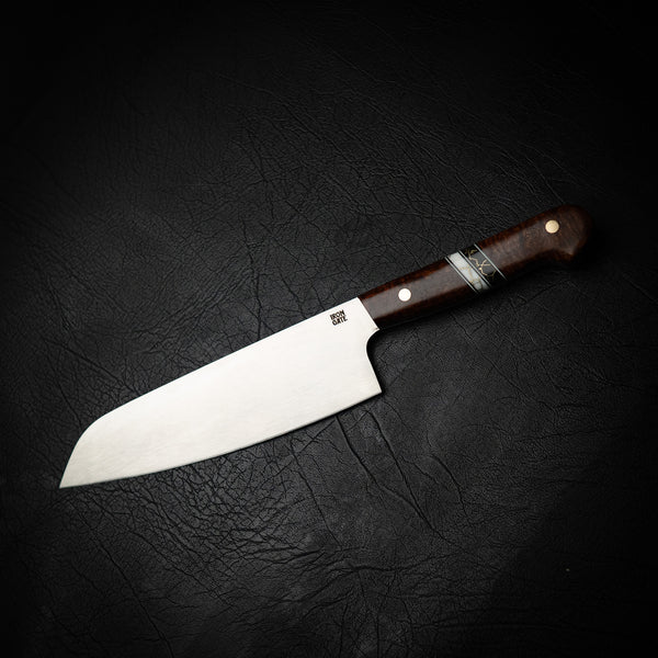 N690 Santoku – Ringed Gidgee with Double Trustone Spacers