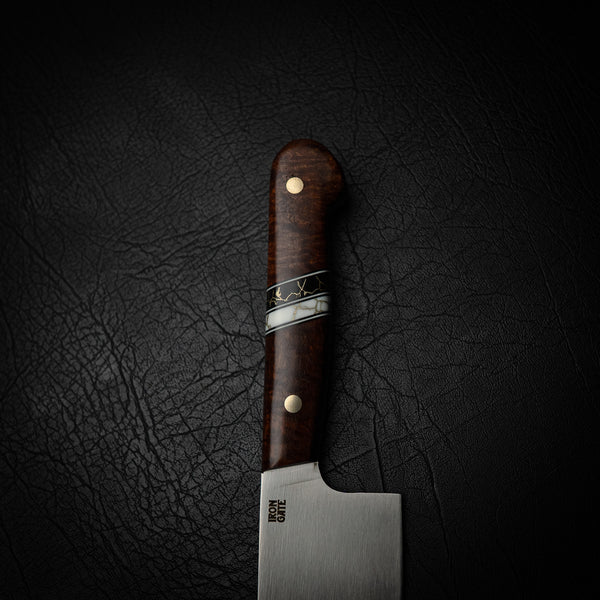 N690 Santoku – Ringed Gidgee with Double Trustone Spacers