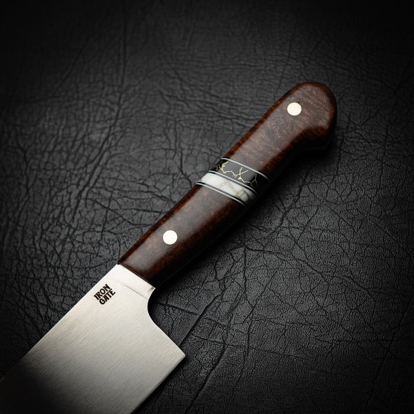 N690 Santoku – Ringed Gidgee with Double Trustone Spacers