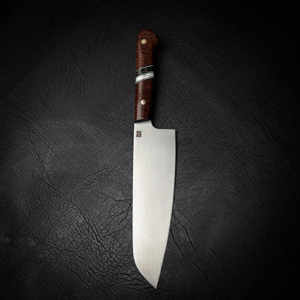 N690 Santoku – Ringed Gidgee with Double Trustone Spacers
