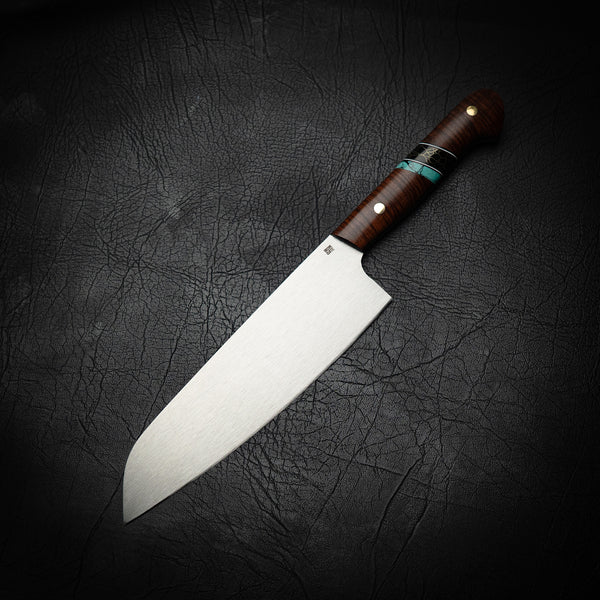 N690 Santoku – Figured Western Myall with Double Trustone Spacers