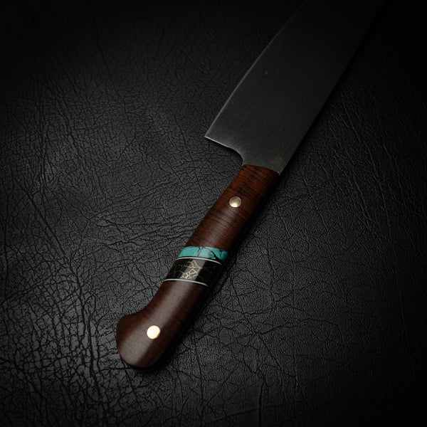 N690 Santoku – Figured Western Myall with Double Trustone Spacers