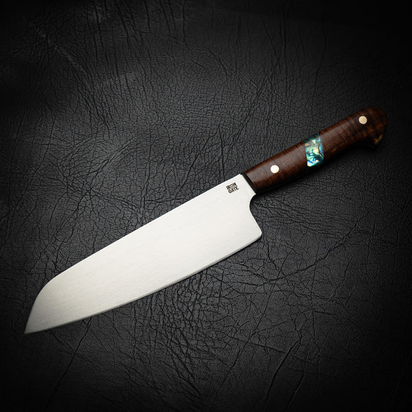 N690 Santoku – Ringed Gidgee with Abalone Inlay & Brass Pins