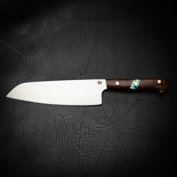 N690 Santoku – Ringed Gidgee with Abalone Inlay & Brass Pins